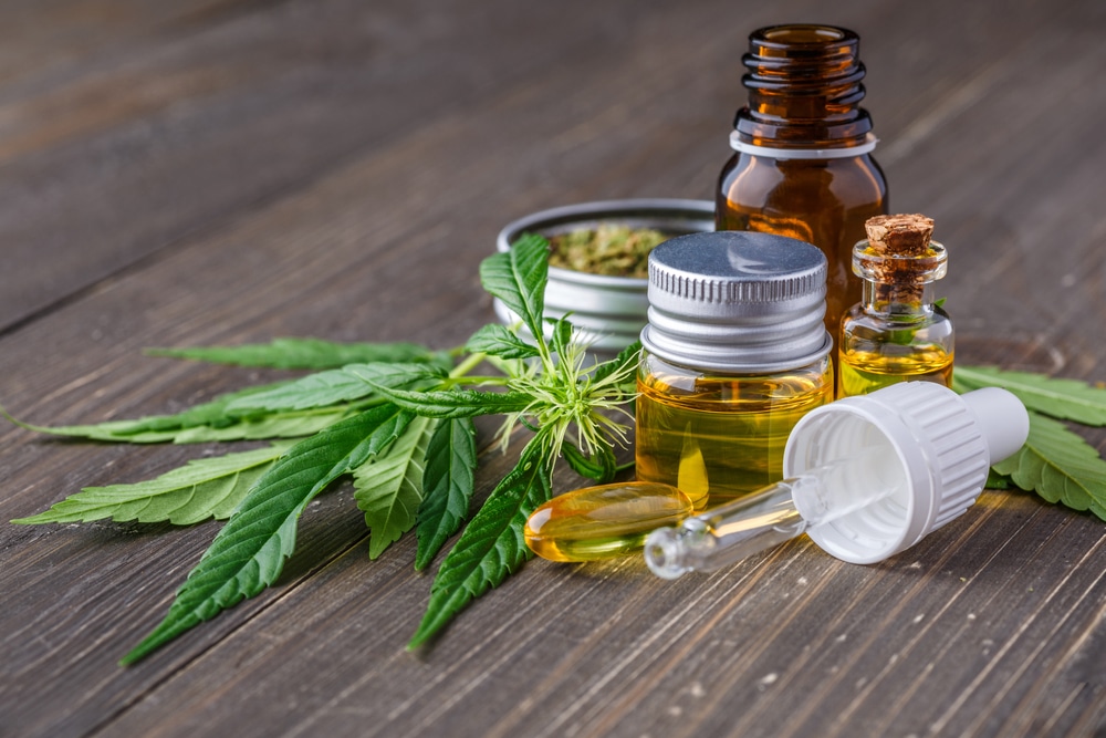 Green,Leaves,Of,Medicinal,Cannabis,With,Extract,Oil.medical,Marijuana,Flower